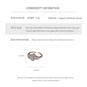 Detailed size specifications for the zircon and mother of pearl flower open ring