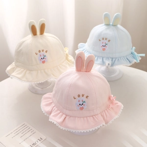Baby Sun Hat Cotton Lace Bucket Bonnet Bunny Ears Rabbit Embroidery Bow Sweet Style For Infant Toddler Girls