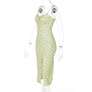 Detail view of floral slit dress with adjustable chest ties and thin shoulder straps