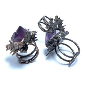 Vintage bronze plated adjustable ring set featuring raw natural purple amethyst crystals