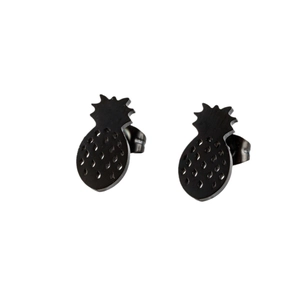 Pair of minimalist black stainless steel pineapple stud earrings with textured surface