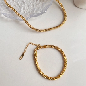 18K gold plated stainless steel twisted rope chain necklace and bracelet jewelry set