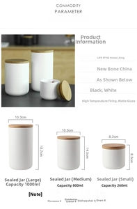 Detailed size chart for matte white ceramic storage jars with bamboo lids in three sizes