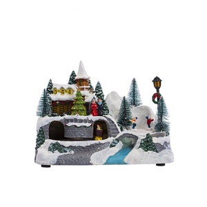 Christmas village snow house with LED lights and moving train scene decoration