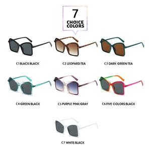 Macro display of stylish oversized sunglasses in seven diverse color combinations