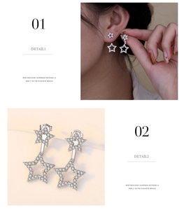 Detailed view of silver star earrings with white zircon inlay and model wearing style