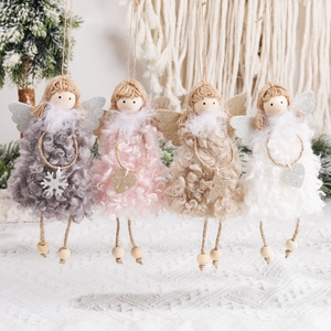 Pendants Ange De Noël Peluche Fausse Laine Perles En Bois Jute Ornements Suspendus Pour Décoration De Sapin Style Nordique
