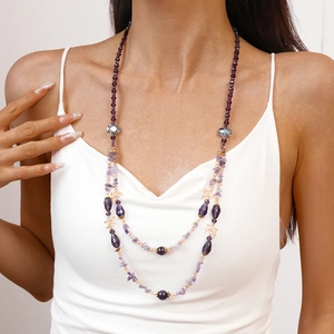 Multilayer amethyst purple crystal bead necklace with vintage long layered glass stones