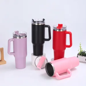 40oz stainless steel vacuum tumblers with handles in purple, black, red, and pink colors