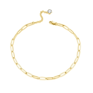 Collier chaîne trombone dorée avec fermoir mousqueton et pendentif en zircon brillant