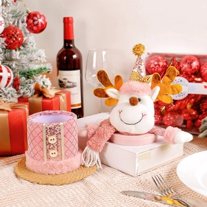 Pink sequin Christmas wine bottle topper set with golden reindeer antlers decor