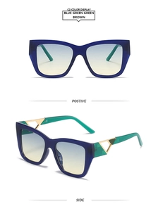 Detail of square cat-eye sunglasses featuring green temples and gold triangle accents