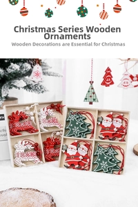 Detailed view of wooden Christmas ornaments in a grid box on snowy white faux fur