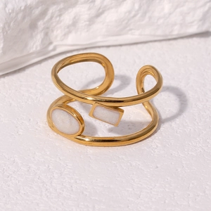 Classic double-layer 18k gold plated stainless steel open ring with white geometric accents