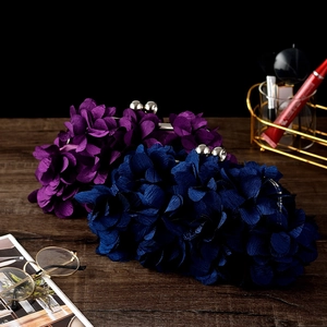 Detail of navy and purple floral evening clutches with metallic sphere clasps on a dark desk