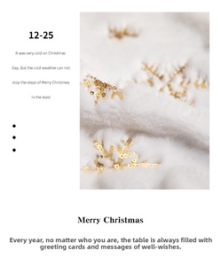 Detail of white plush Christmas tree skirt featuring golden sequin snowflake patterns