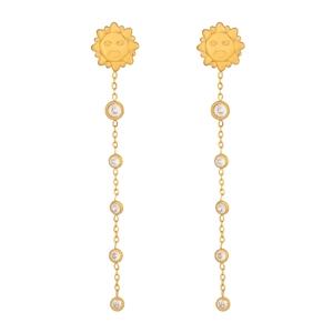 Detail of gold sun face earrings featuring zircon stone tassels and long hanging chains