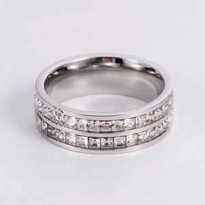 Polished silver double-row zircon band ring for couples shown at a 45-degree angle