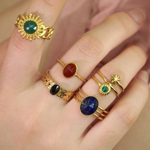 Bohemian gold plated stainless steel open ring set with colorful natural stones