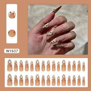 Faux ongles French manucure léopard forme amande longue avec kit complet de 24 pièces