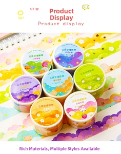 Close-up of 7 rolls dream cloud washi tape set with cute bears and rainbow patterns