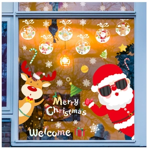 Close-up of Santa and Reindeer PVC window stickers with Merry Christmas typography