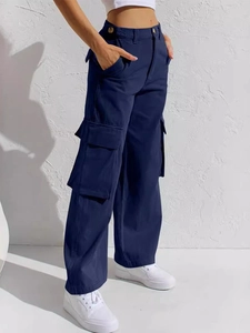 Damen Cargo Hose Baumwoll-Twill Multi-Taschen Hohe Taille Weites Bein Lockerer Fit Streetwear Casual Gerade Lange Hose
