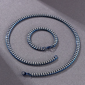 Close-up of a blue stainless steel Cuban link necklace and bracelet set on a matte background
