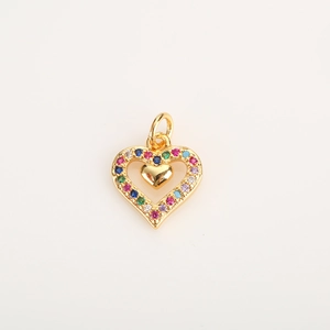 Detailed view of heart charm pendant with gold plating and colorful zircon stones