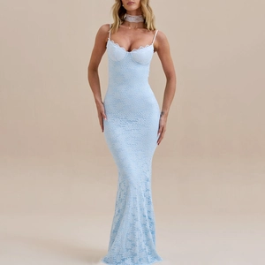 Sexy light blue lace backless bodycon maxi dress with spaghetti straps and mermaid hem