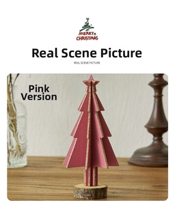Detail of pink wooden Christmas tree with golden glitter edges and natural wood base