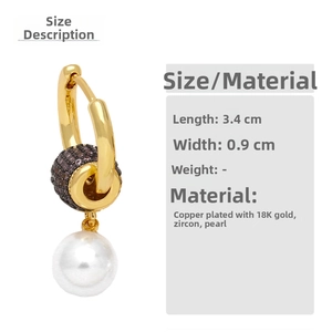 Detail of 18K gold plated pearl earring with dark zircon inlay showing 3.4cm length