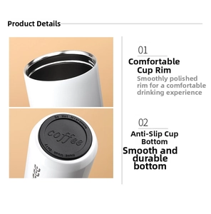 Detail of insulated coffee mug showing the smooth rim and non-slip bottom with care instructions
