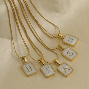 Initial Letter Square Pendant Necklace 18K Gold Plated Stainless Steel With Mother Of Artificial Pearl Inlay Snake Bone Chain Women