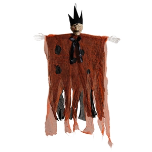 Detail of Halloween hanging ghost with orange robe, black crown and skeleton hands