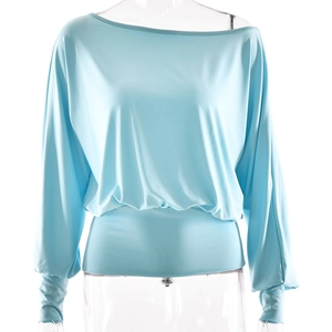 Detail of blue off-shoulder long sleeve top featuring elastic fabric and slim-fit hemline