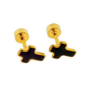 Minimalist black and gold cross stud earrings with screw back in stainless steel