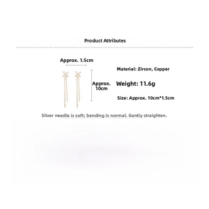 Detail showing gold-plated flower tassel earrings with zircons and silver needle pins