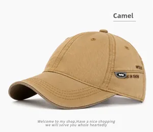 Detailed view of camel cotton twill baseball cap with WTLER embroidery and rubber tag