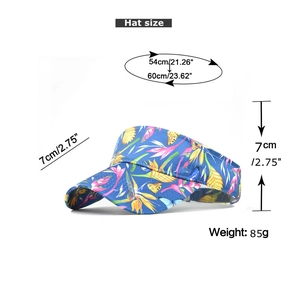 Detailed size chart showing adjustable 54-60cm circumference for tropical print sun visor