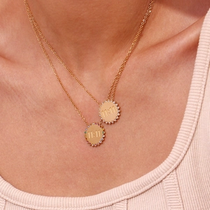 Double layered 18K gold plated stainless steel sunburst necklace with 11:11 engraving
