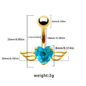 Tableau des tailles pour piercing de nombril aile de coeur doré avec zircon bleu serti