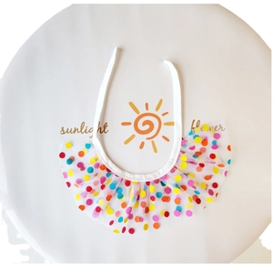 Pet birthday party hat and bib set with colorful polka dot mesh and white ribbons
