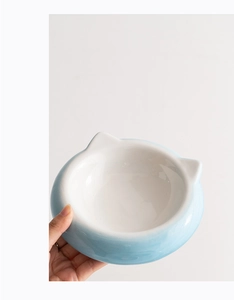 Macro detail of cat-shaped ceramic pet bowl with light blue gradient and dual ears