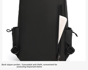 Detail of the hidden back anti-theft zipper pocket on this black functional sling bag