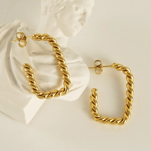 French style 18K gold plated stainless steel twisted hoop earrings with a square design