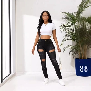 Jean skinny noir taille haute amincissant pour femme avec détails déchirés et délavés