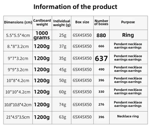 Detailed size specifications and weight chart for drawer jewelry packaging boxes