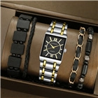 Square quartz watch set with black dial and three matching bracelets in a brown gift box