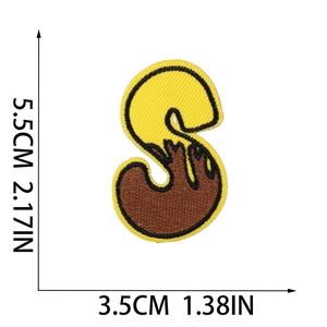 Detailed view of yellow bee letter S embroidered patch with dimensions 5.5cm x 3.5cm